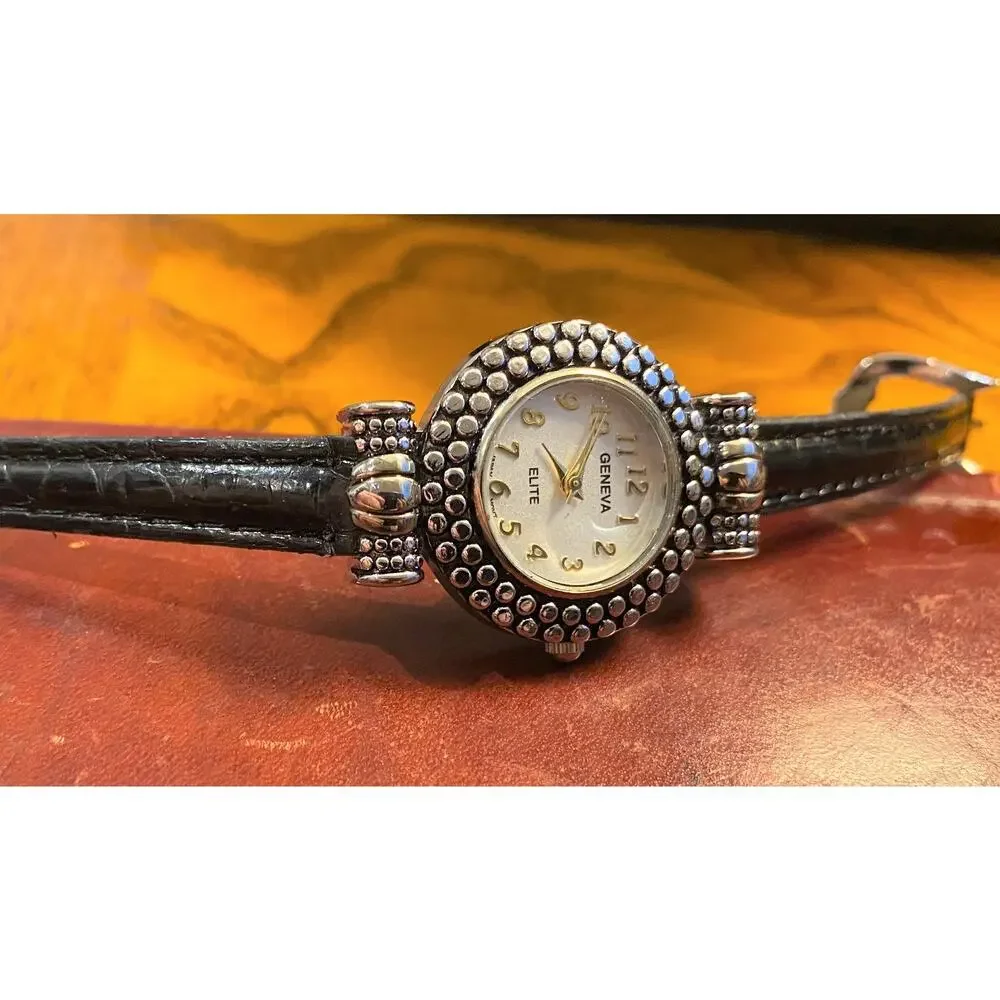 Women's 30mm Silver tone Geneva Elite Watch, Black Band